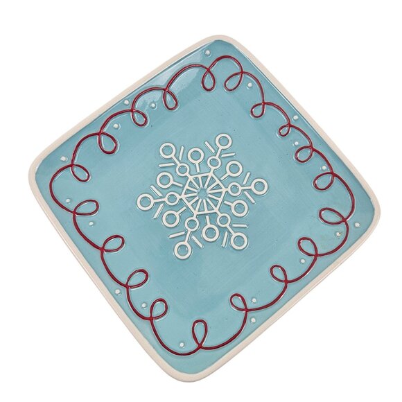 Hallmark Snowflake Ceramic Plate Blue White Red Accents Holiday Display Square - Picture 6 of 9